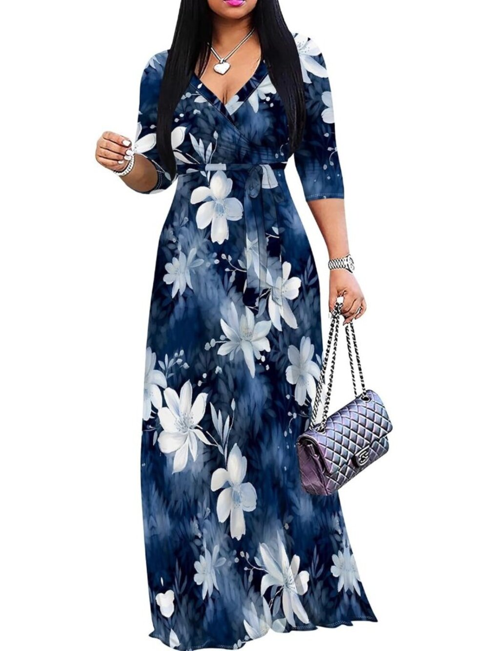 Plus Size V Neck 3/4 Sleeve Boho Maxi Dress with Pockets - Pink, Flowy & Stylish